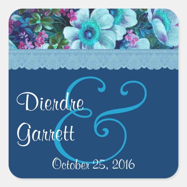 Blue Vintage Flowers Wedding V07 Square Sticker (Front)