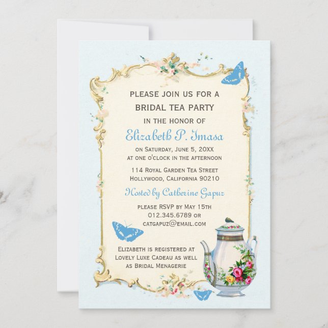 Blue Vintage French Bridal Tea Party Invitation (Front)