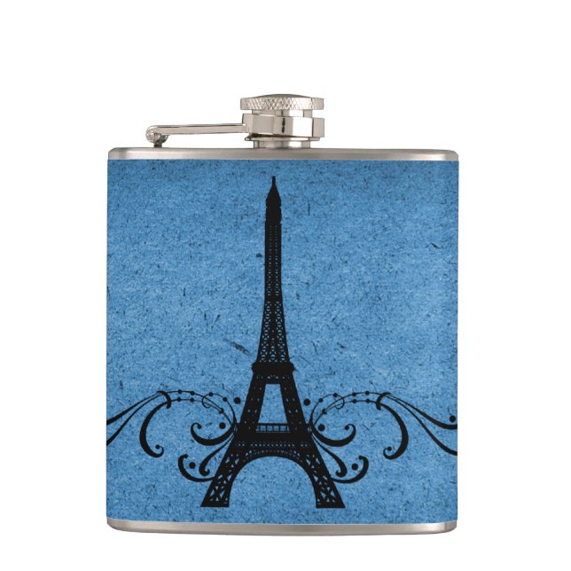 Blue Vintage French Flourish Hip Flask (Front)