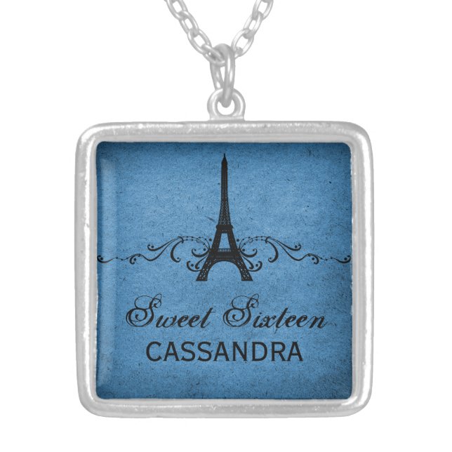 Blue Vintage French Flourish Sweet 16 Necklace (Front)