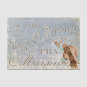 Blue Vintage French Girl Bird City Names Paris Tissue Paper