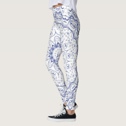 Blue Vintage French Lace Over White  Leggings