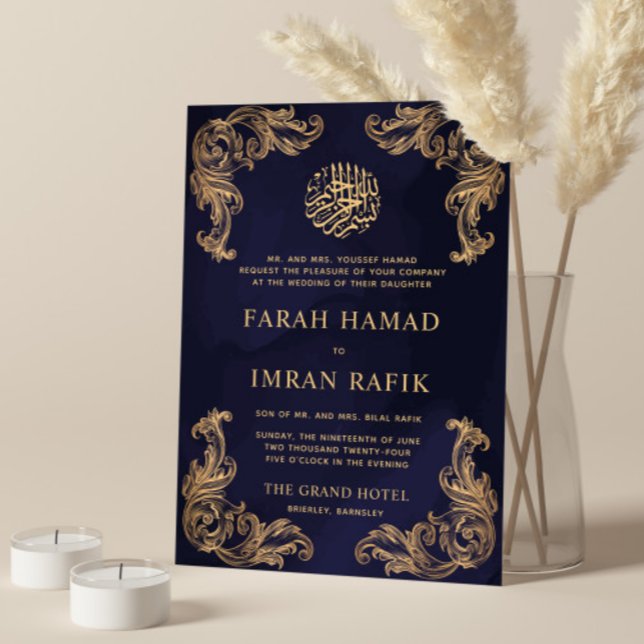 Blue Vintage Gold Corner Islamic Muslim Wedding Invitation (Creator Uploaded)