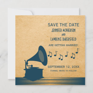 Blue Vintage Gramophone Save the Date Invite