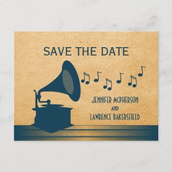 Blue Vintage Gramophone Save The Date Postcard by Dynamic_Weddings at Zazzle