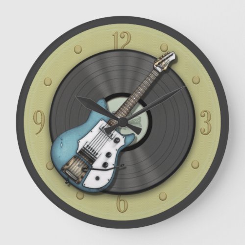 Blue Vintage Guitar and Vinyl Record Wall Clock