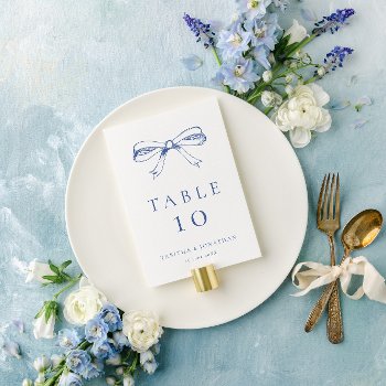 Blue Vintage Hand Drawn Bow Wedding  Table Number by BigDayPaperCo at Zazzle