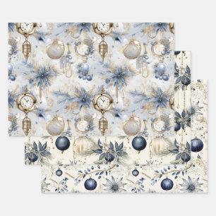 Blue Vintage Inspired Christmas Florals Wrapping Paper Sheets