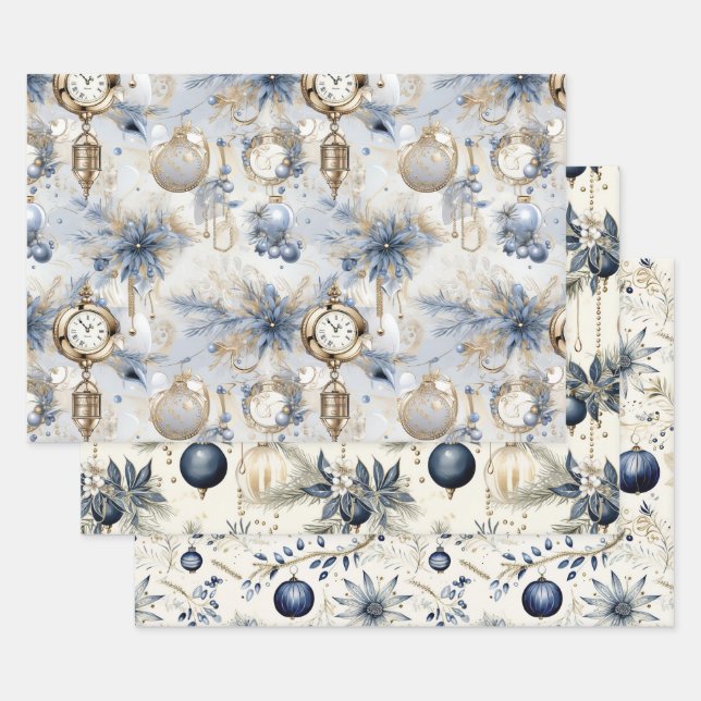 Blue Vintage Inspired Christmas Florals Wrapping Paper Sheets (Set)