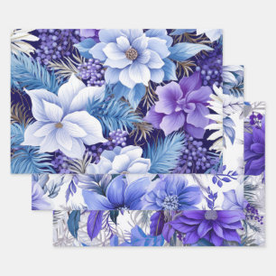 Blue Vintage Inspired Christmas Florals Wrapping Paper Sheets