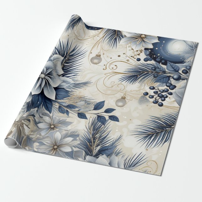 Blue Vintage Inspired Floral  Wrapping Paper (Unrolled)