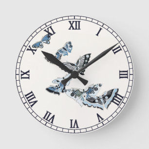 Blue Vintage Japanese Butterfly Watercolor Round Clock