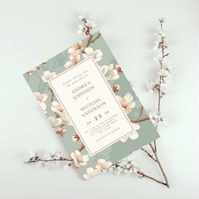 Blue | Vintage Japanese Cherry Blossom Wedding Invitation (Creator Uploaded)
