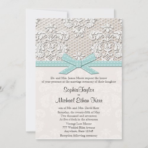Blue Vintage Lace and Pearls Glamour Wedding Custom Invitations