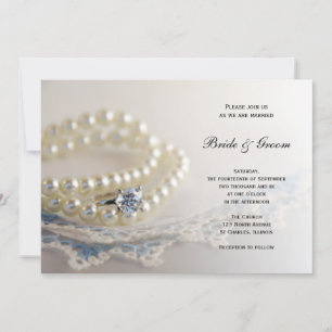 Blue Vintage Lace, Pearls and Diamond Ring Wedding Invitation