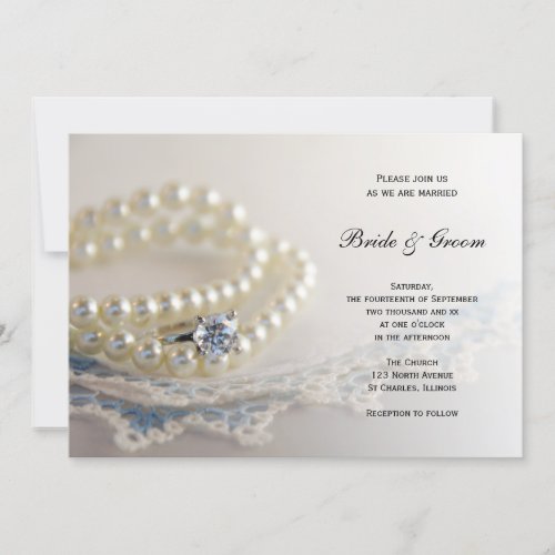 Blue Vintage Lace Pearls and Diamond Ring Wedding Invitation
