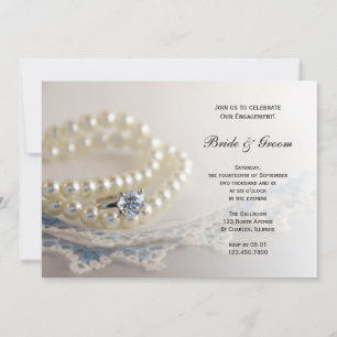 Blue Vintage Lace, Pearls, Ring Engagement Party Invitation