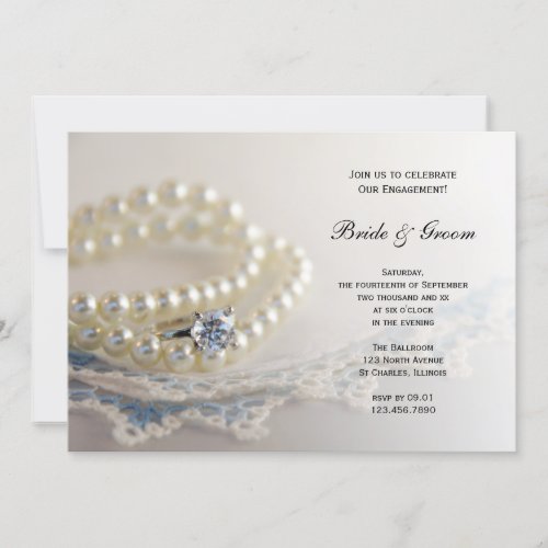 Blue Vintage Lace Pearls Ring Engagement Party Invitation