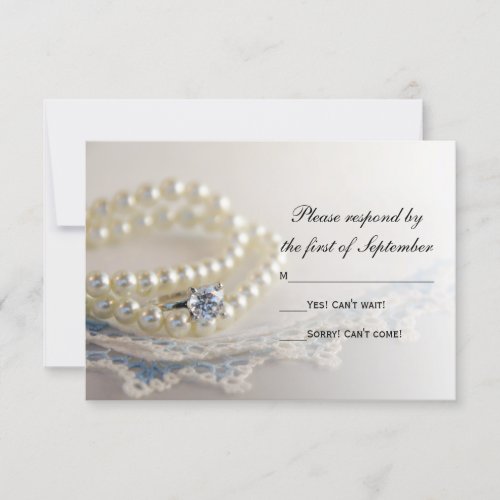 Blue Vintage Lace Pearls Ring Wedding RSVP Card