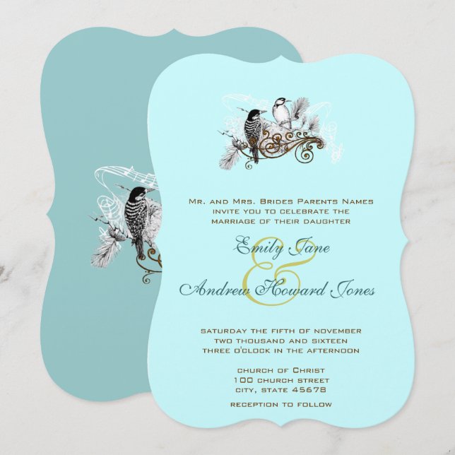 Blue Vintage Love Birds Wedding Invitation (Front/Back)
