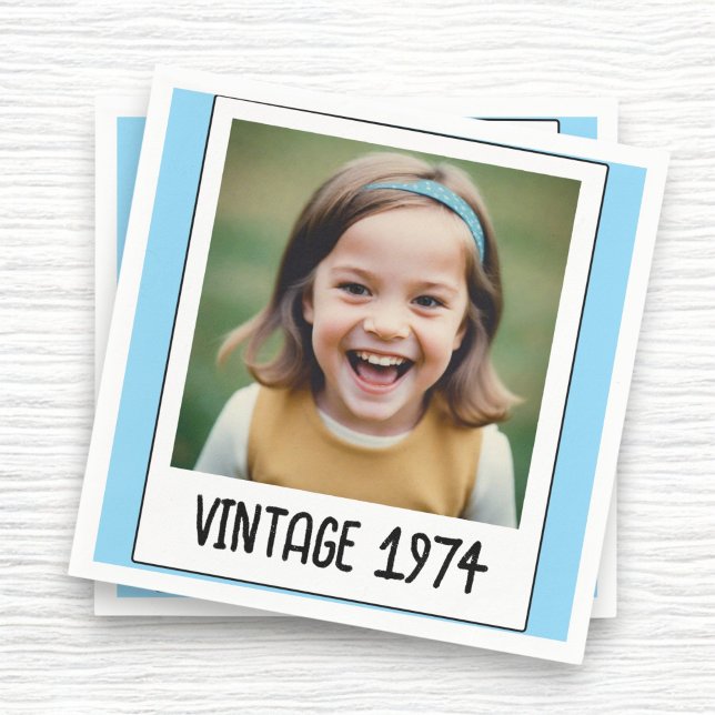 Blue Vintage Milestone Birthday Photo Keepsake Napkins (Creator Uploaded)
