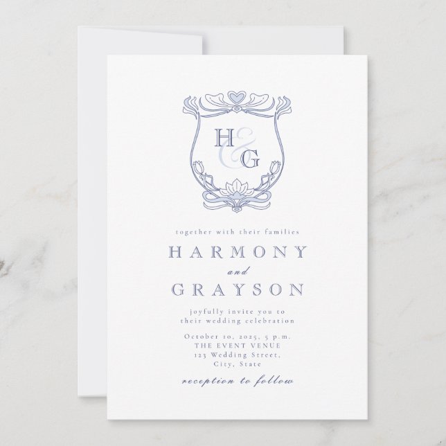 Blue Vintage Monogram Wedding Invitation (Front)