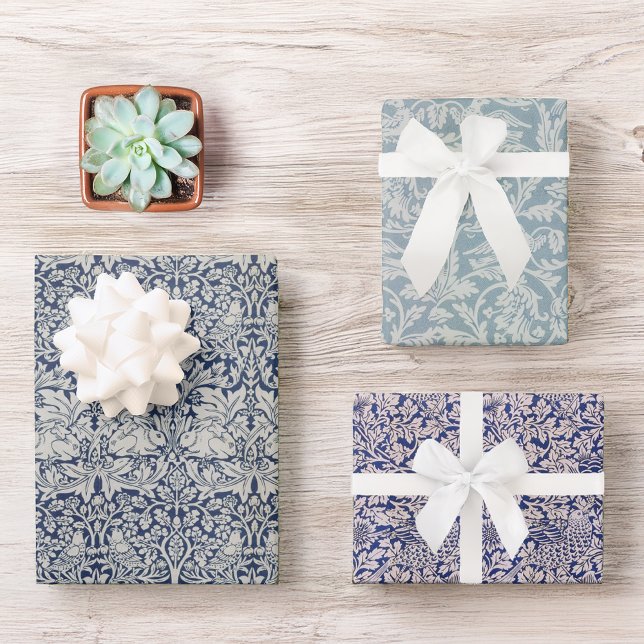 Blue Vintage Morris Patterns Birds and Rabbits Wrapping Paper Sheets (Creator Uploaded)