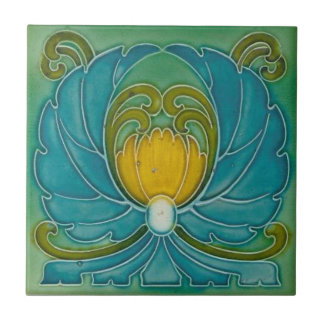Blue Vintage Nouveau Art Flower Design Ceramic Tile