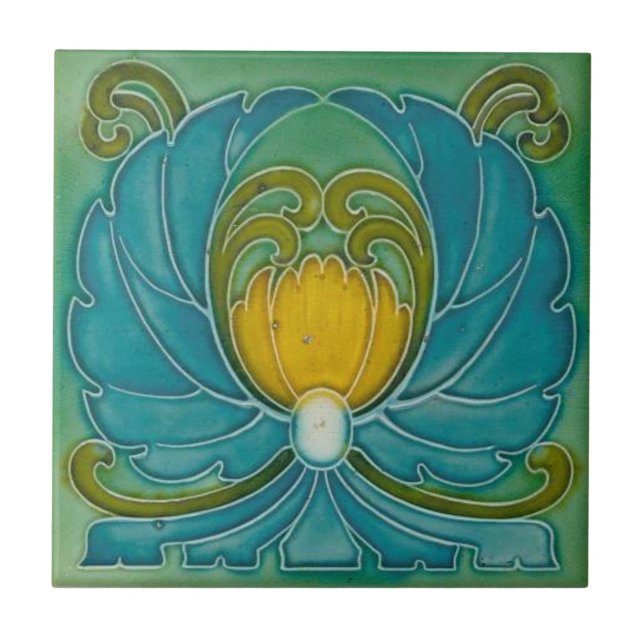 Blue Vintage Nouveau Art Flower Design Ceramic Tile (Front)