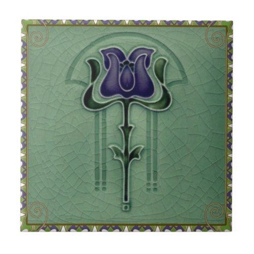 Blue Vintage Nouveau Art Flower Design Ceramic Tile