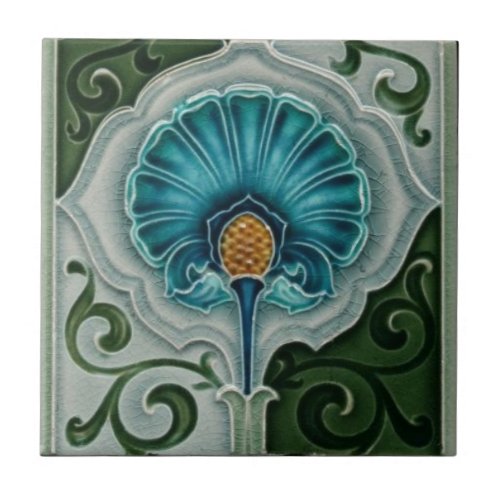 Blue Vintage Nouveau Art Flower Design Ceramic Tile