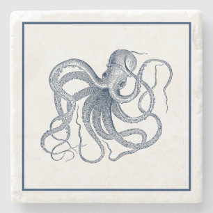 Blue Vintage Octopus Illustration Stone Coaster