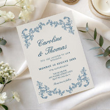 Blue vintage old money royale wedding invitation
