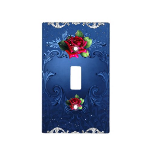 Blue Vintage Ornamental Red Roses Glam Sparkle Light Switch Cover