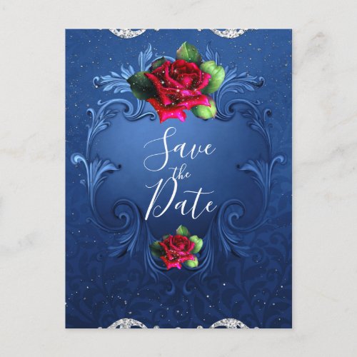 Blue Vintage Ornamental Red Roses Save the Date Announcement Postcard