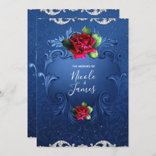 Blue Vintage Ornamental Red Roses Wedding Invitation
