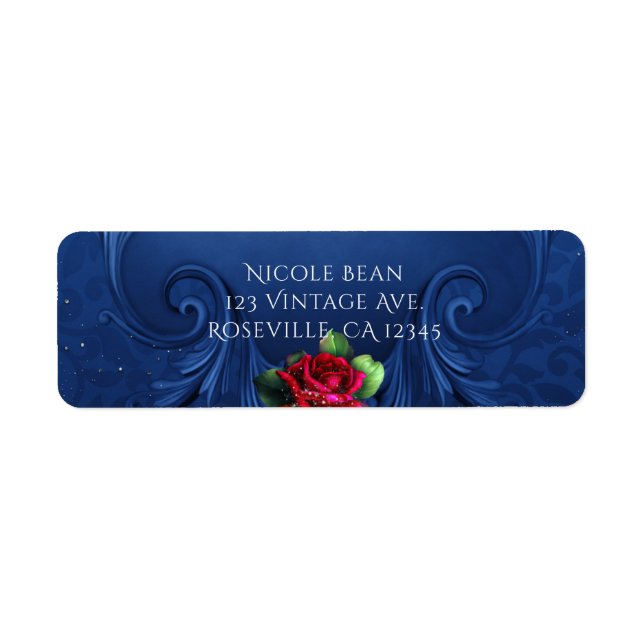 Blue Vintage Ornamental Red Roses Wedding Label (Front)