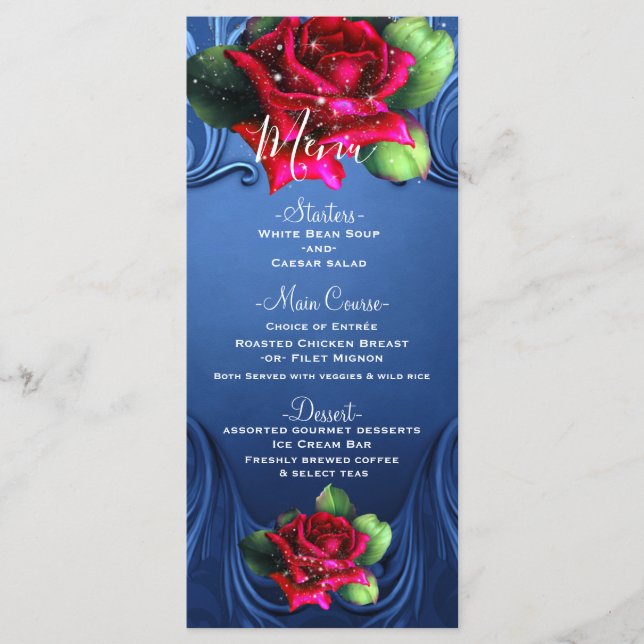 Blue Vintage Ornamental Red Roses Wedding Menu (Front)