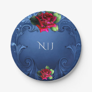 Blue Vintage Ornamental Red Roses Wedding Paper Plates