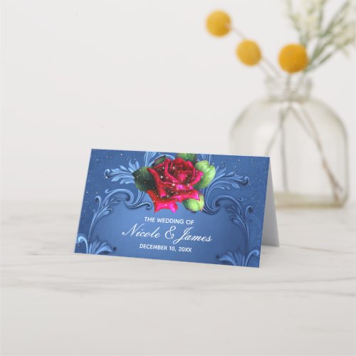 Blue Vintage Ornamental Red Roses Wedding Table Place Card