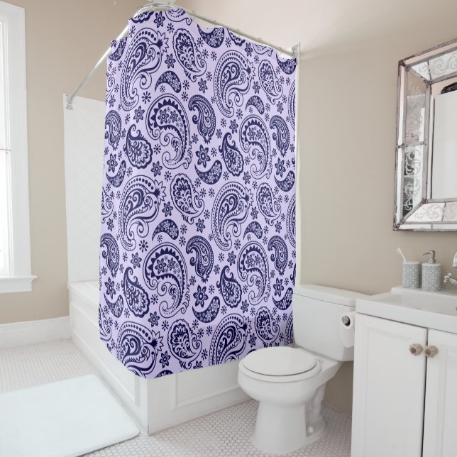 Blue vintage paisley on lavender shower curtain (In Situ)
