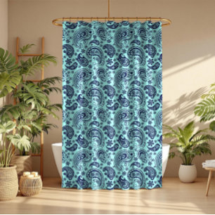 Blue vintage paisley on mint-green shower curtain