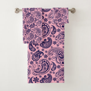 Blue vintage paisley on pink background bath towel set