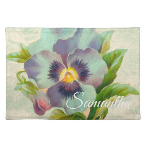 Blue Vintage Pansy Watercolor w Name Cloth Placemat