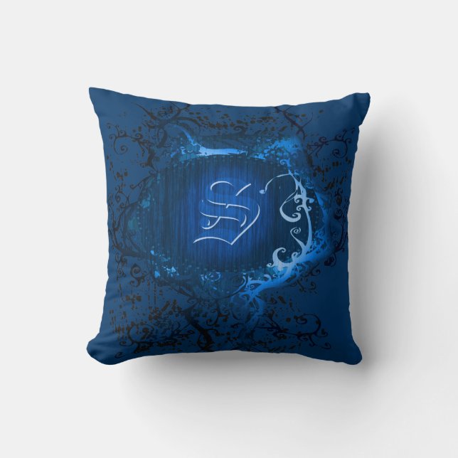 Blue Vintage Pattern Monogram R Throw Pillow (Front)