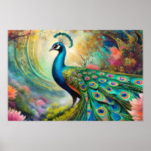 blue vintage peacock in tropical landscape