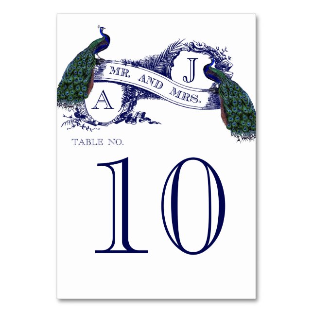 Blue Vintage Peacock Wedding Table Number Card (Front)