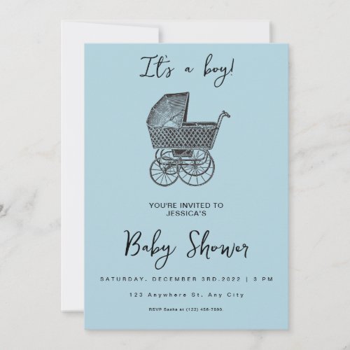 Blue Vintage Pram Stroller Baby Boy Shower Invitation