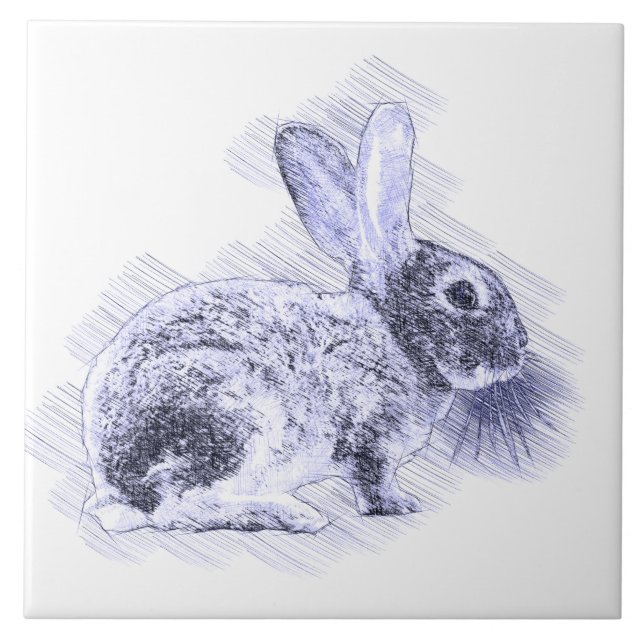 Blue Vintage Rabbit Pencil Etching Ceramic Tile (Front)