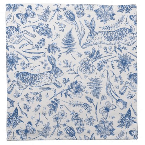 Blue vintage rabbits and spring flowers pattern cloth napkin